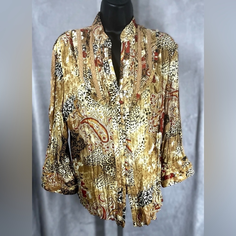 Coldwater Creek Pleated Semi-Sheer Animal Print Paisley Floral Boho Blouse NICE